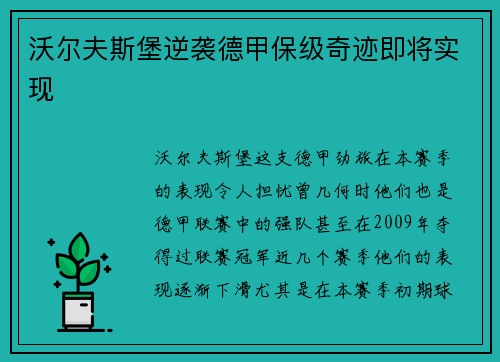 沃尔夫斯堡逆袭德甲保级奇迹即将实现